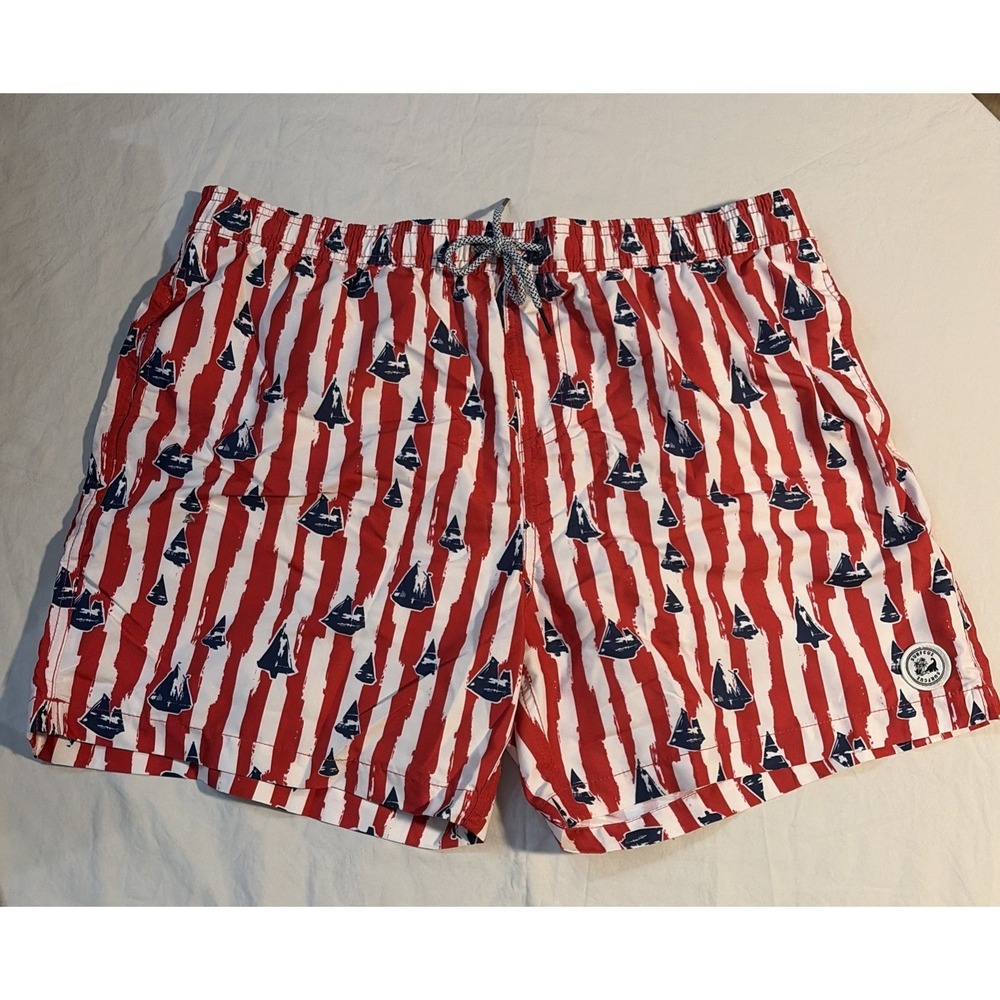 Surfcuz Swim Trunks in Red & White Stripe w/ Blue Boats - Men's XXL